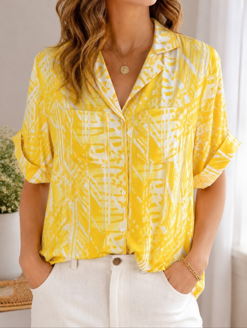 Chagall Yellow Abstract Print Button Front Blouse Retro Art Shirt Size 16